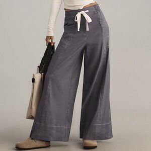 Anthropologie Maeve Tie Waist Wide Leg Pants Contrast Stitch Edition